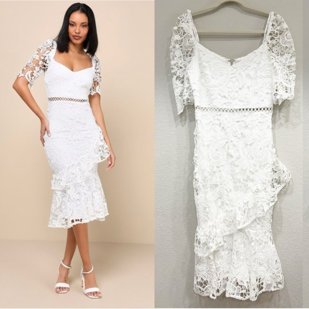 NWOT‎ Lulus Briarwood White Lace Ruffled Midi Dress